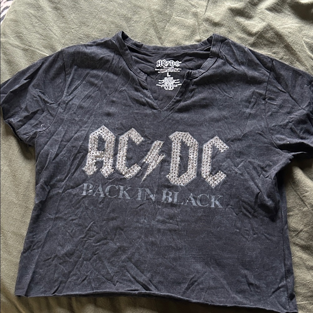 AC/DC Black Studded Logo cropped V‑Neck Tee
